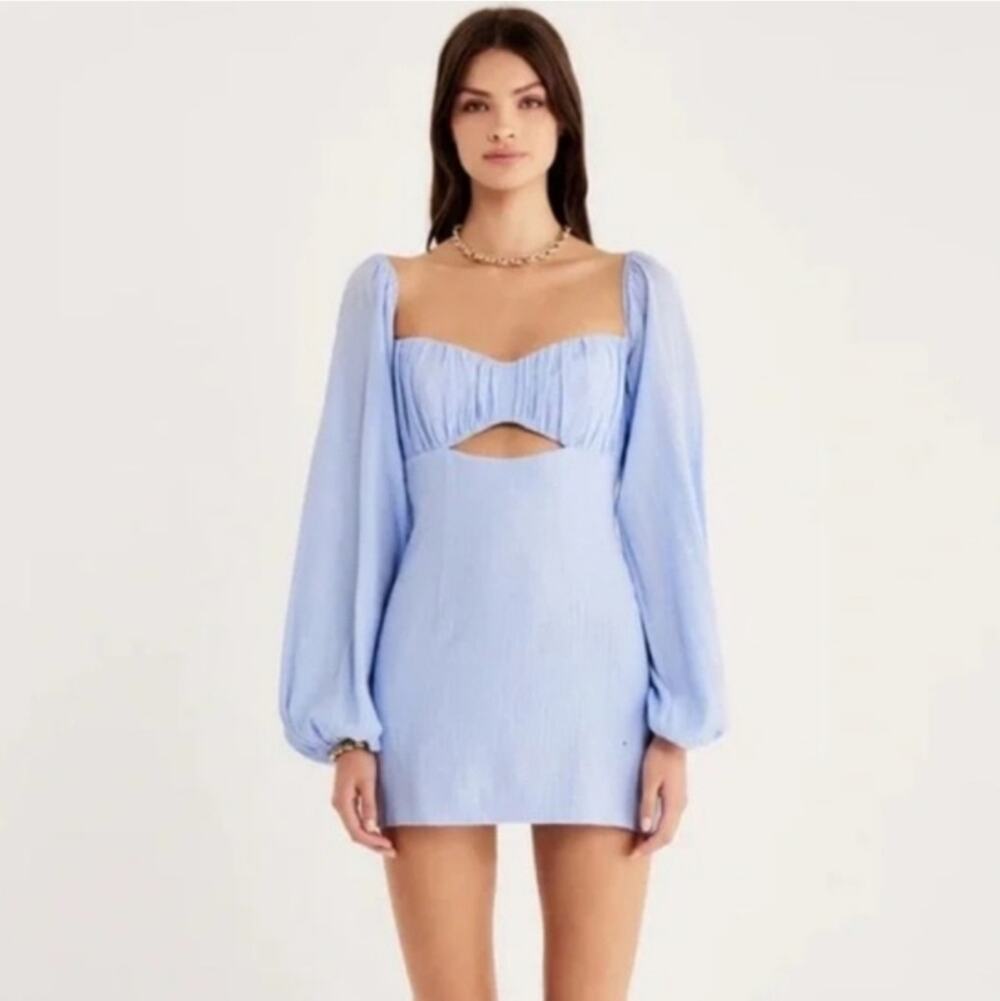 Rumer The Label Camille Mini Dress Blue Cutout Puff Sleeve Coquette NWT Large